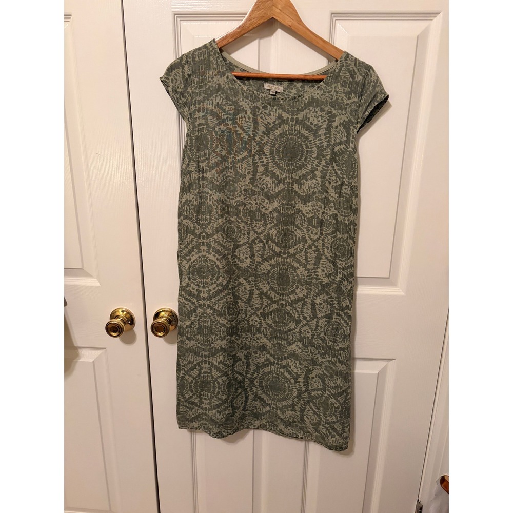 Lina Tomei Italy Linen Dress M Sage Green Geometric Print Cap Sleeve Pockets
